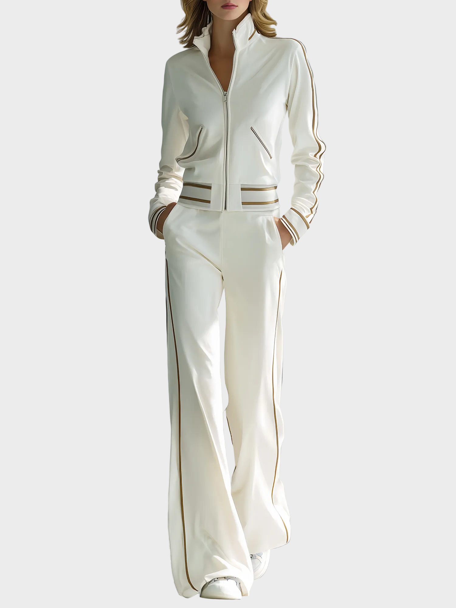 Zinia | Women's Stylish Casual White Long-sleeved Top And Trousers Set