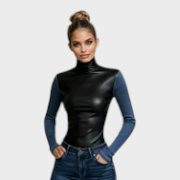 Pauline | Women's Black Knitted Leather Blouse with High Collar and Pockets