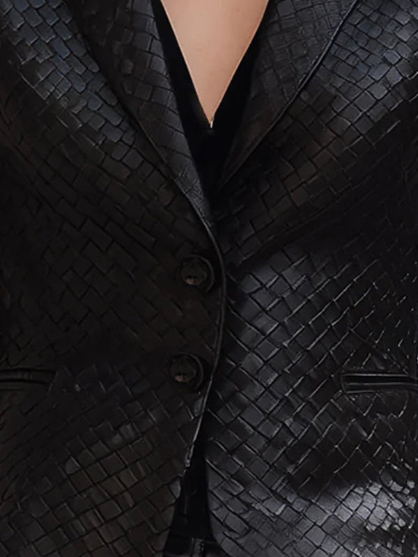 Cassy | Black Knitted Leather Blazer