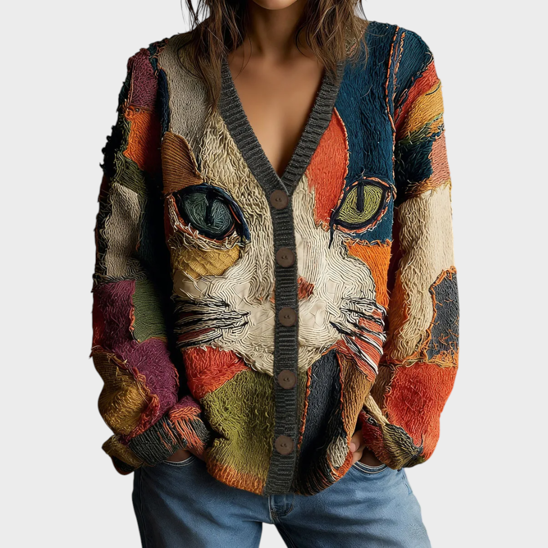 Jenny | Women's blouse with V-neck and geometric cat pattern