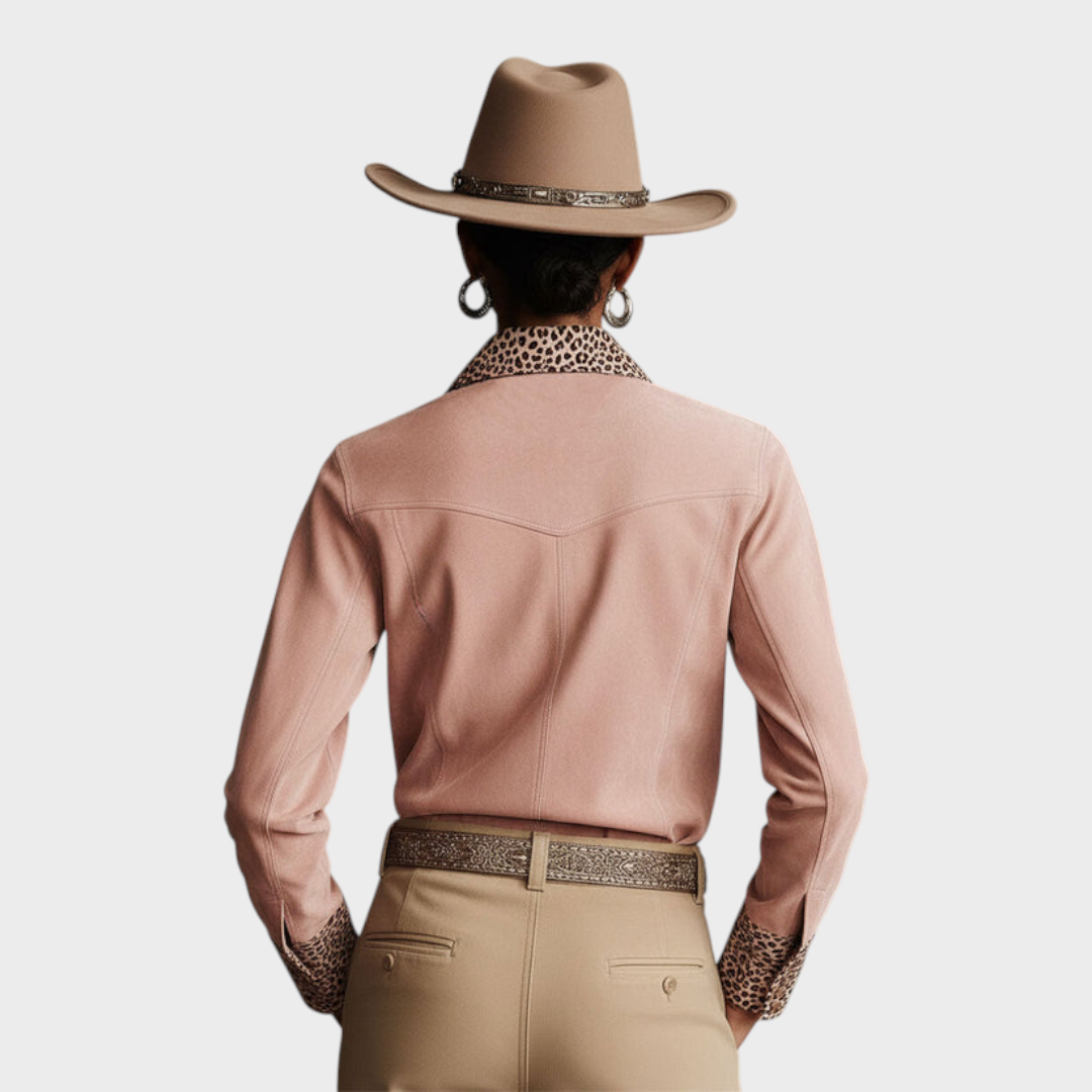 Macey | Western Retro Leopard Print Pink Faux Suede Long-Sleeve Shirt