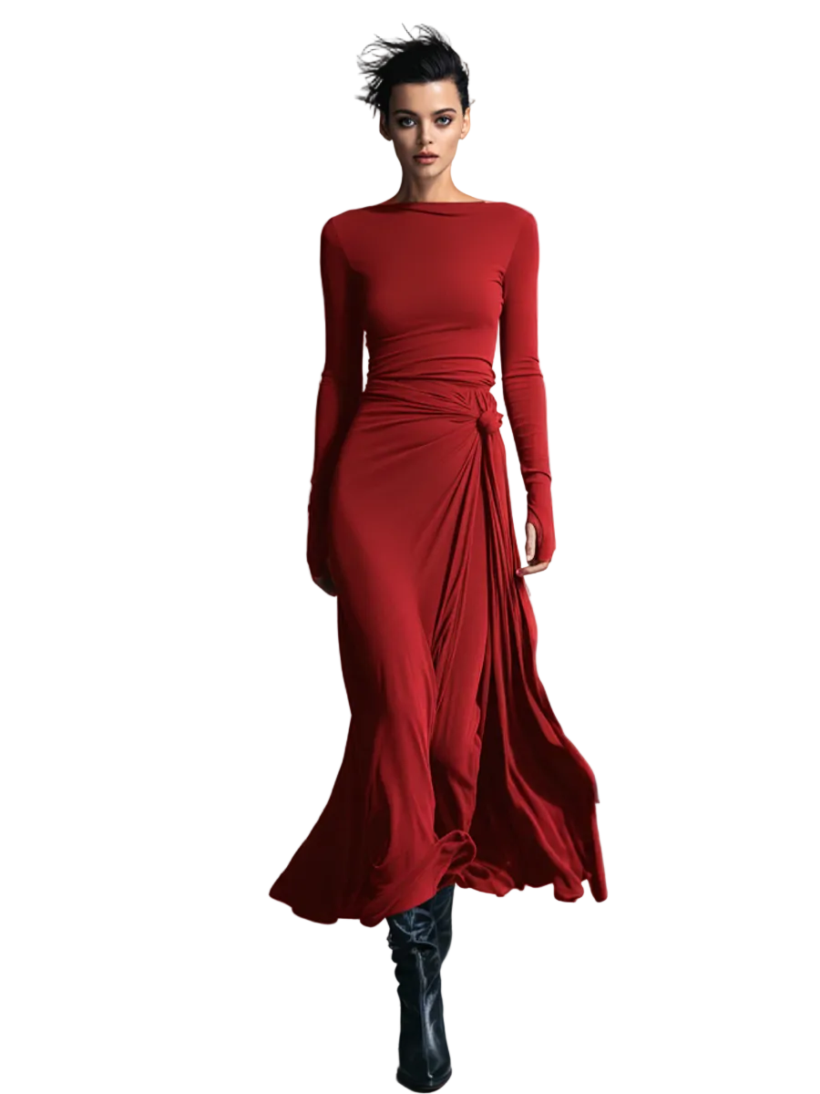 Belle | Women's Gray Exquisite Stretch Blended Fabric Wrap Dress - Knotted Maxi Dress