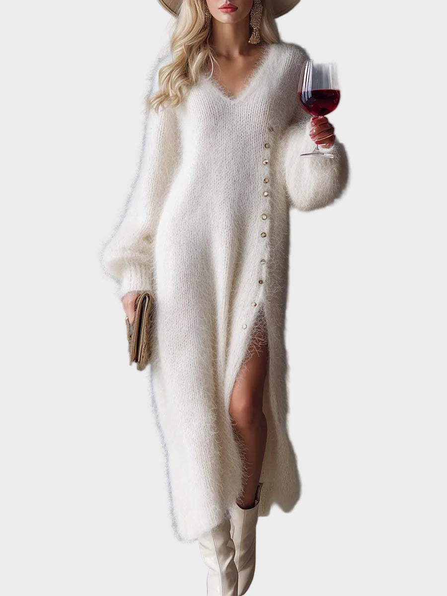 Venice | Comfortable, Elegant Midi Knitted Dress with V Neckline, Metal Buttons, White Faux Rabbit Fur and Side Split