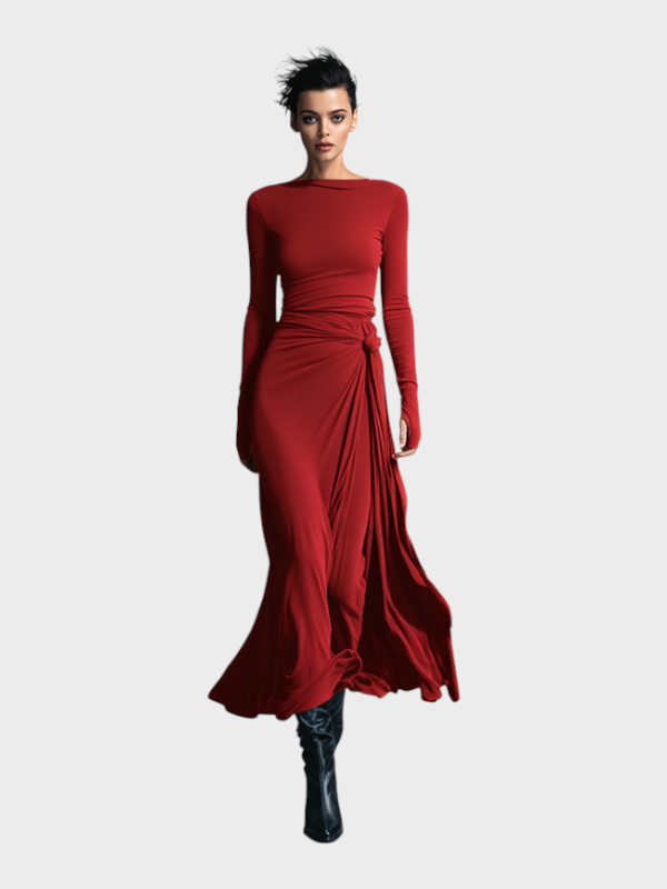 Hera | Women's Grey Stunning Stretch Blend Fabric Dress - Drawstring Maxi Dress MDA1401H9I