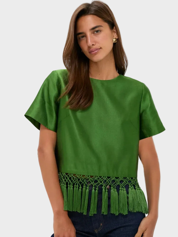 Rylie | Green Satin Fringe Top