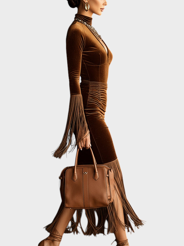Ramona | Brown Velvet Maxi Dress with Button and Tassels