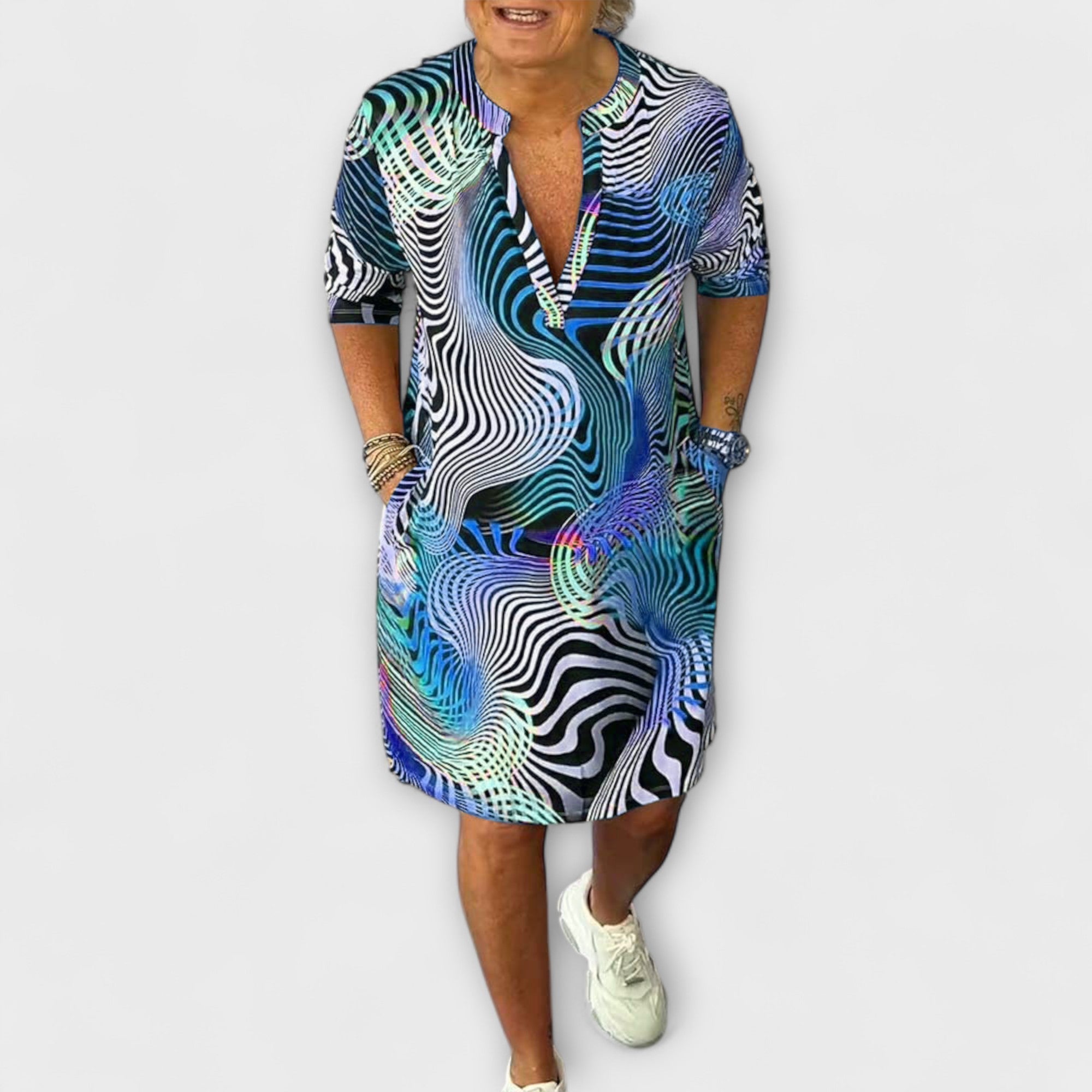 Riola — Multicolored Dress with V Neckline