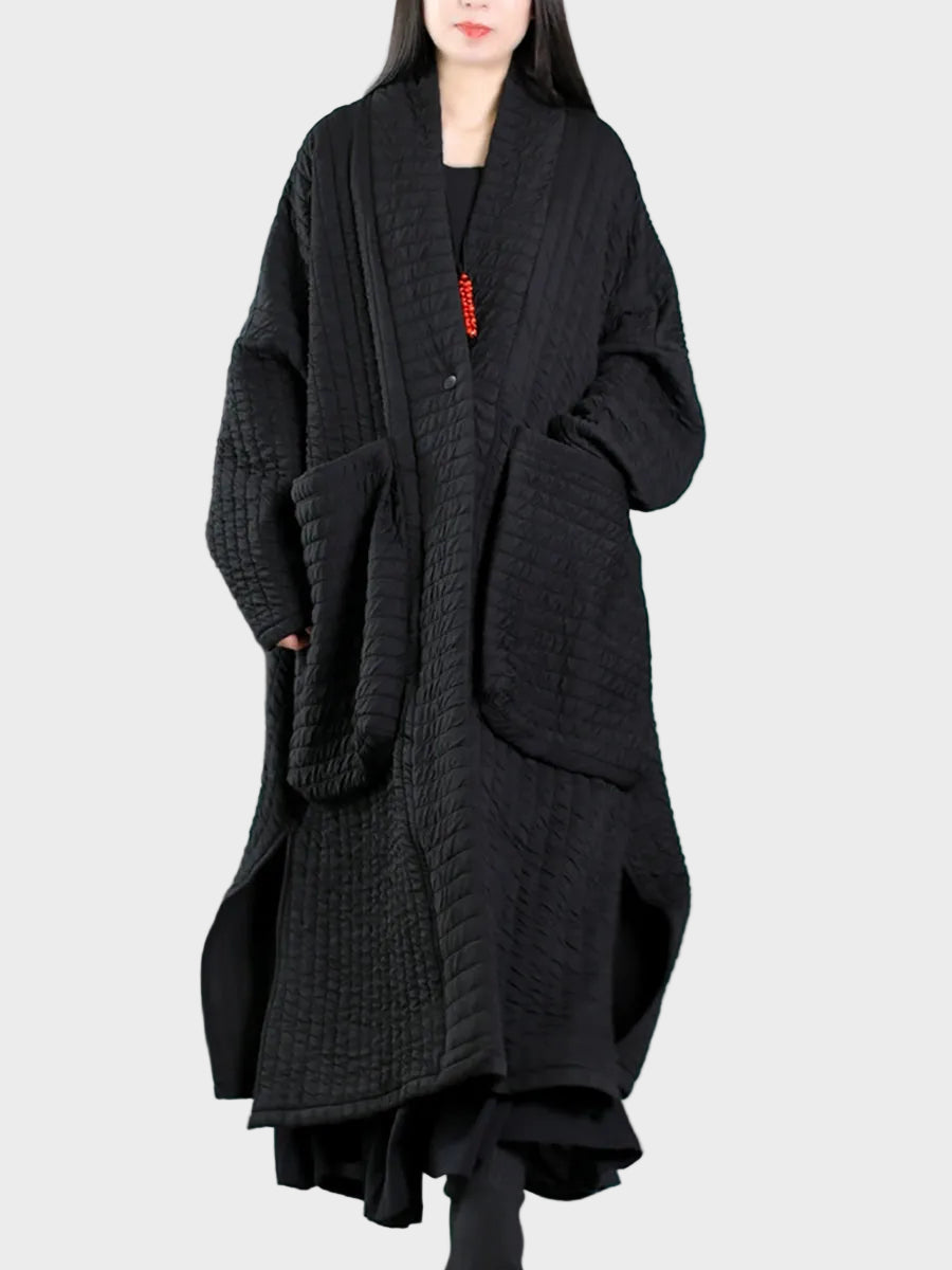 Adellefa | Plus Size Women Autumn Pure Color V-Neck Padded Long Coat