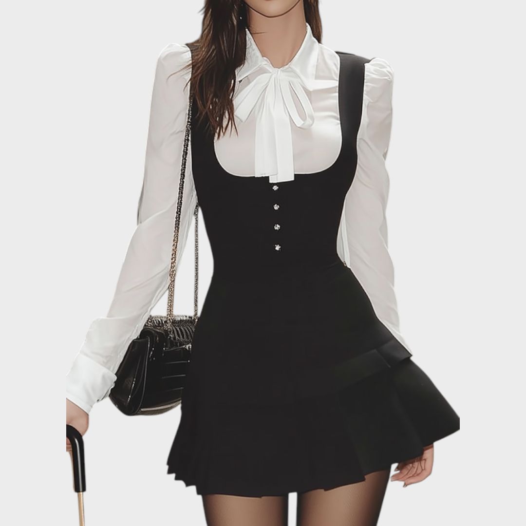 Maricris | Black Suspender Skirt And White Shirt Suit Set With Bow Detail