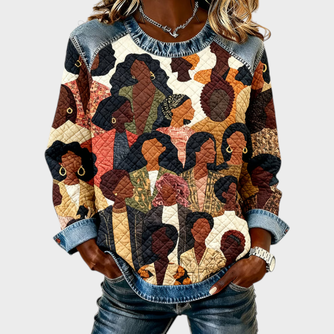 Marilyn | Women's Winter Black Print Crew Neck Top