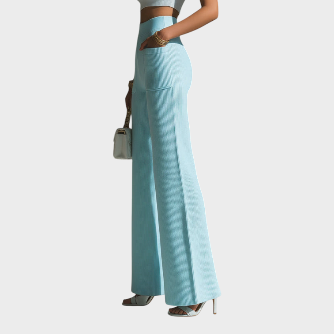 Reese | ElevenOra Chic Elegant Baby Blue High Waist Patch Pocket Details Ribbed Knit Wide-Leg Pants