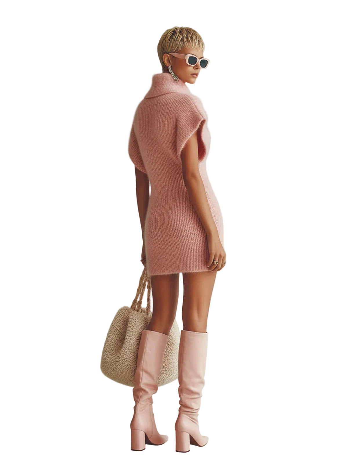 Sofie | Vintage Pink Turn-Down Collar Button-Front Short-Sleeve Fitted Fuzzy Knit Mini Dress