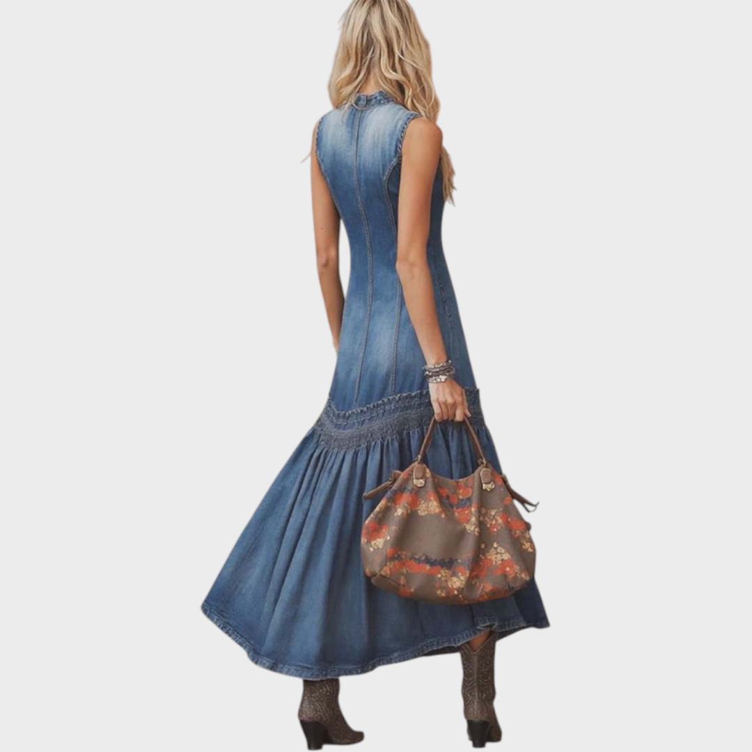Estrella| Elegant Vintage Western Tie-neck Sleeveless Bubble Hem Blue Denim Maxi Dress