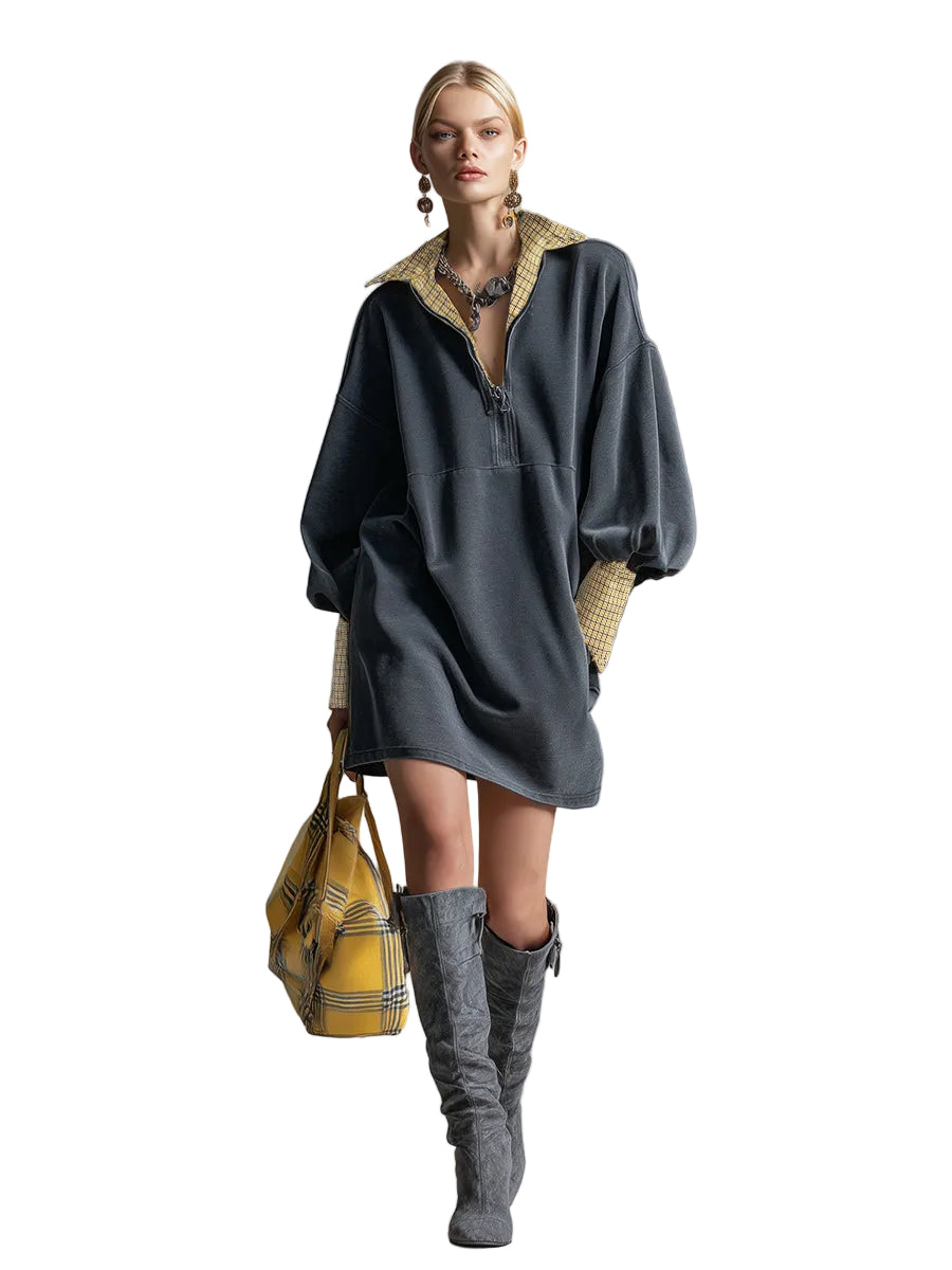 Carrie - Casual Sporty Plaid Trim Gray Washed Cotton Sweatshirt Mini Dress