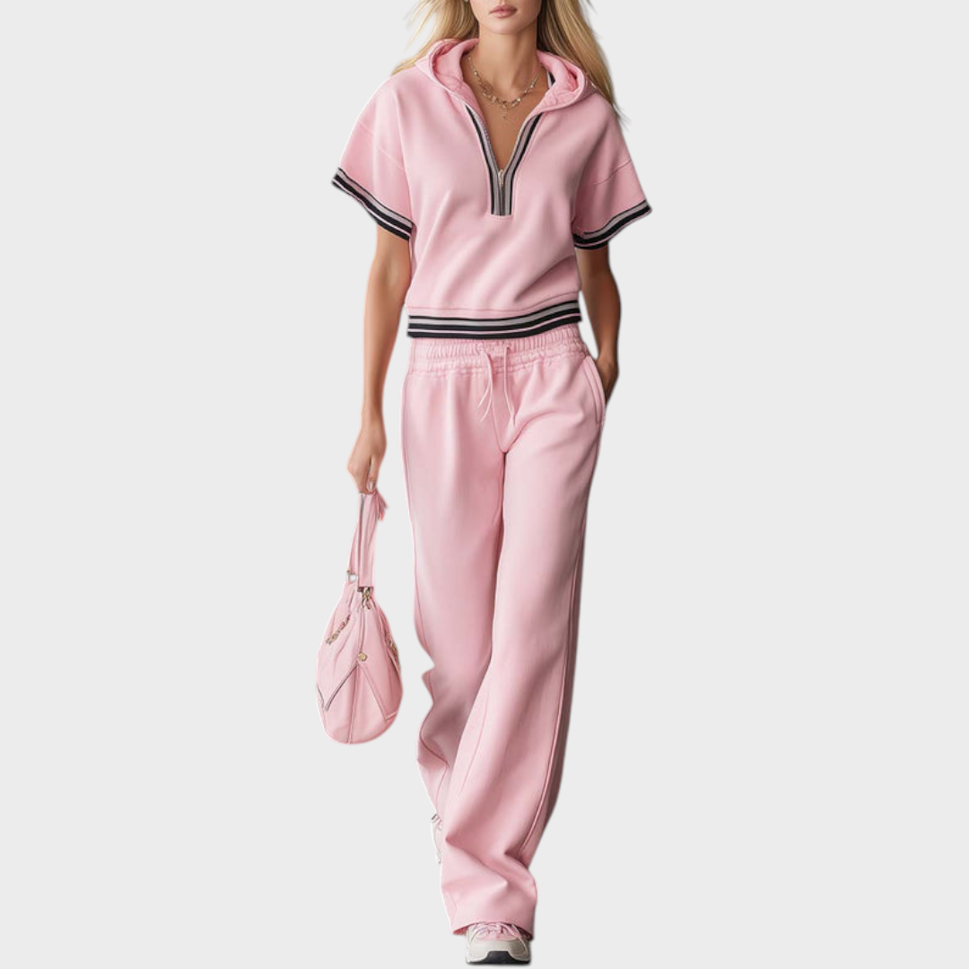 Zahra | Elegant Fashion Sporty Hooded Front Zipper Short-sleeved Pink Cotton Top And Pants Set