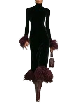 Anna - Women's Minimalist Velvet Patchwork Faux Ostrich Feather Cuffs And Hem Maxi Dress