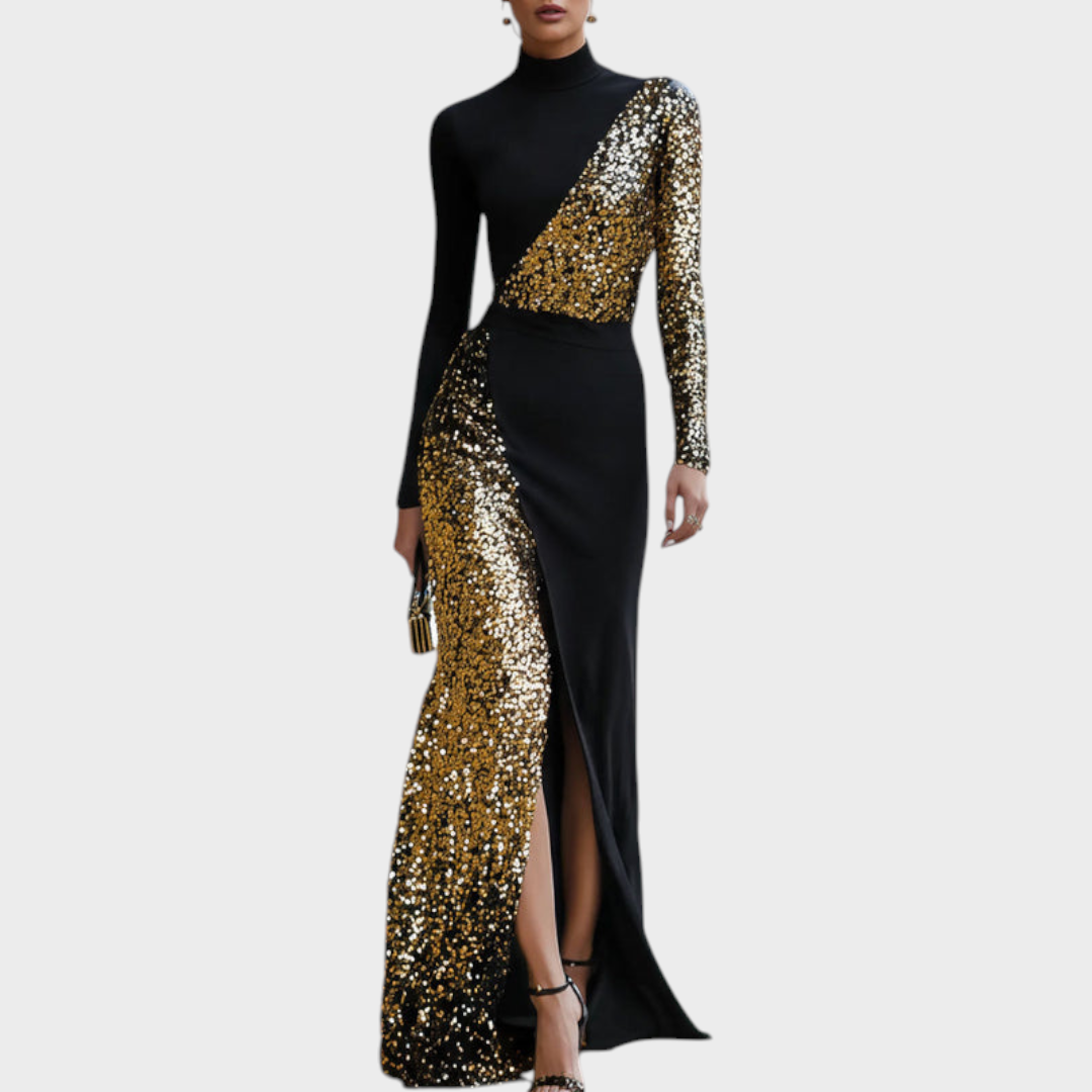Jemaica | Elegant Black And Gold Maxi Dress With Rhinestones And High Neck