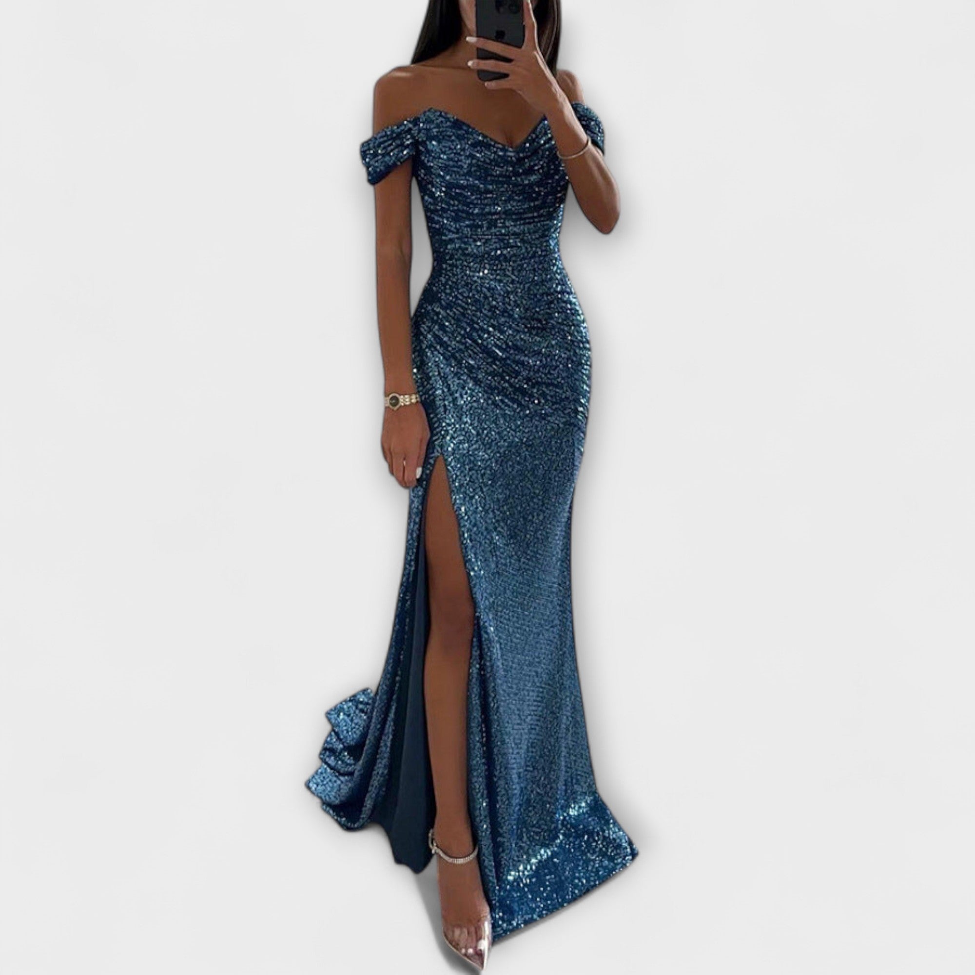 Summer Evening Dress — Strapless Maxi with Glitter and Ruffles for Weddings & Parties