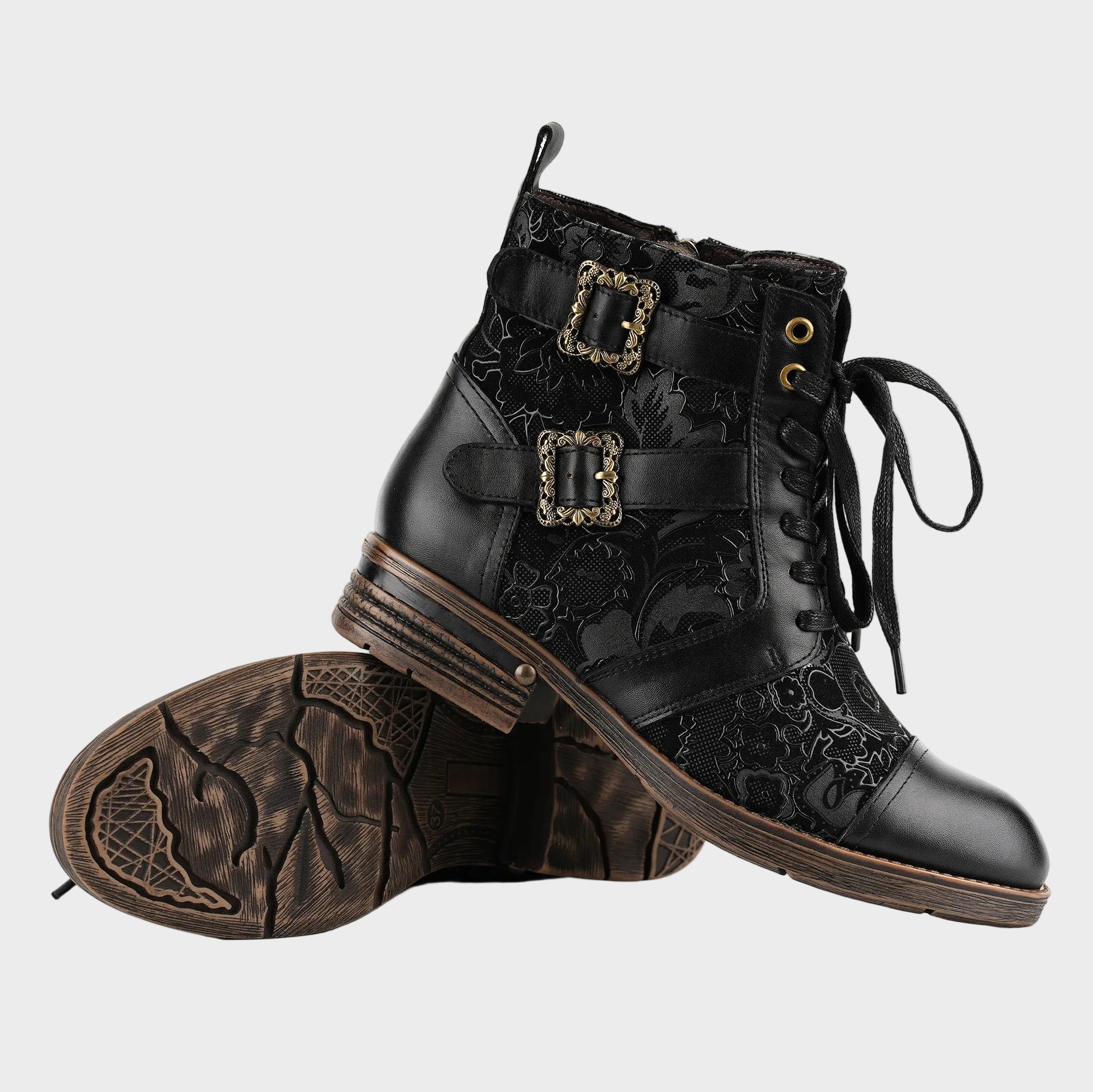 Cerila | Timelessly Elegant Flat Ankle Boots with Floral Pattern and Laces