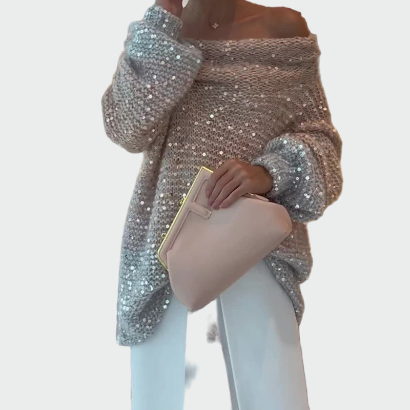 Knitted Turtleneck with Sequins and One Shoulder