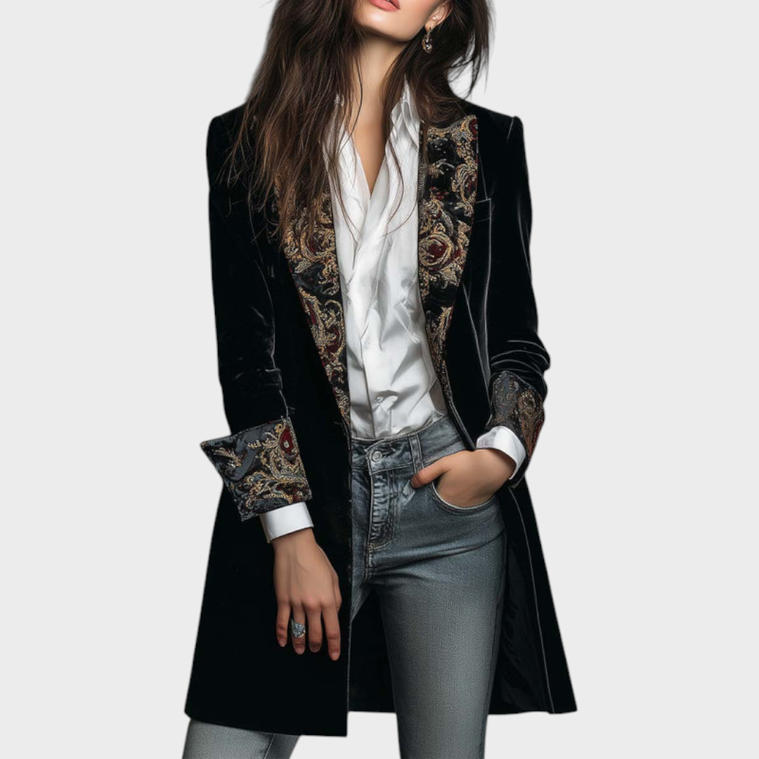 Meanne | Black Velvet Blazer with Baroque Print on the Handles – Timeless Vintage Luxury