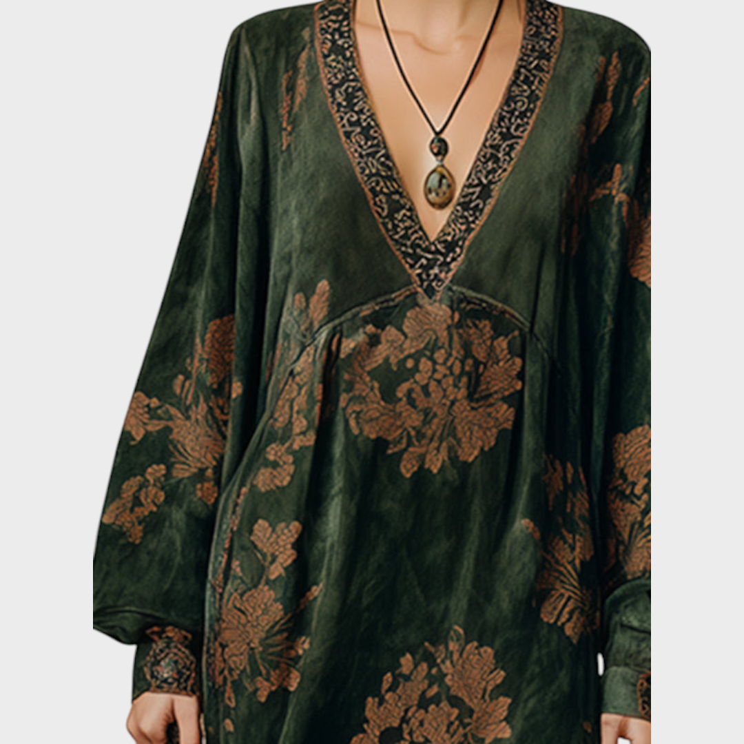 Makayla | Retro Silhouette Printed Green Faux Suede Maxi Dress