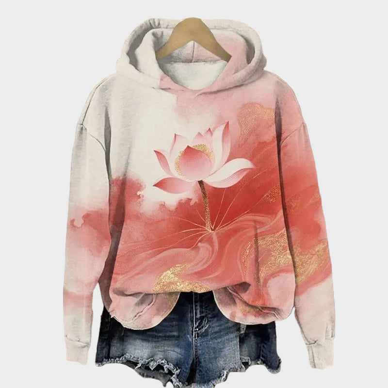 Nightingale | Women's Hoodie with Hood, Watercolor Gradient Lotus Print and Gold Details