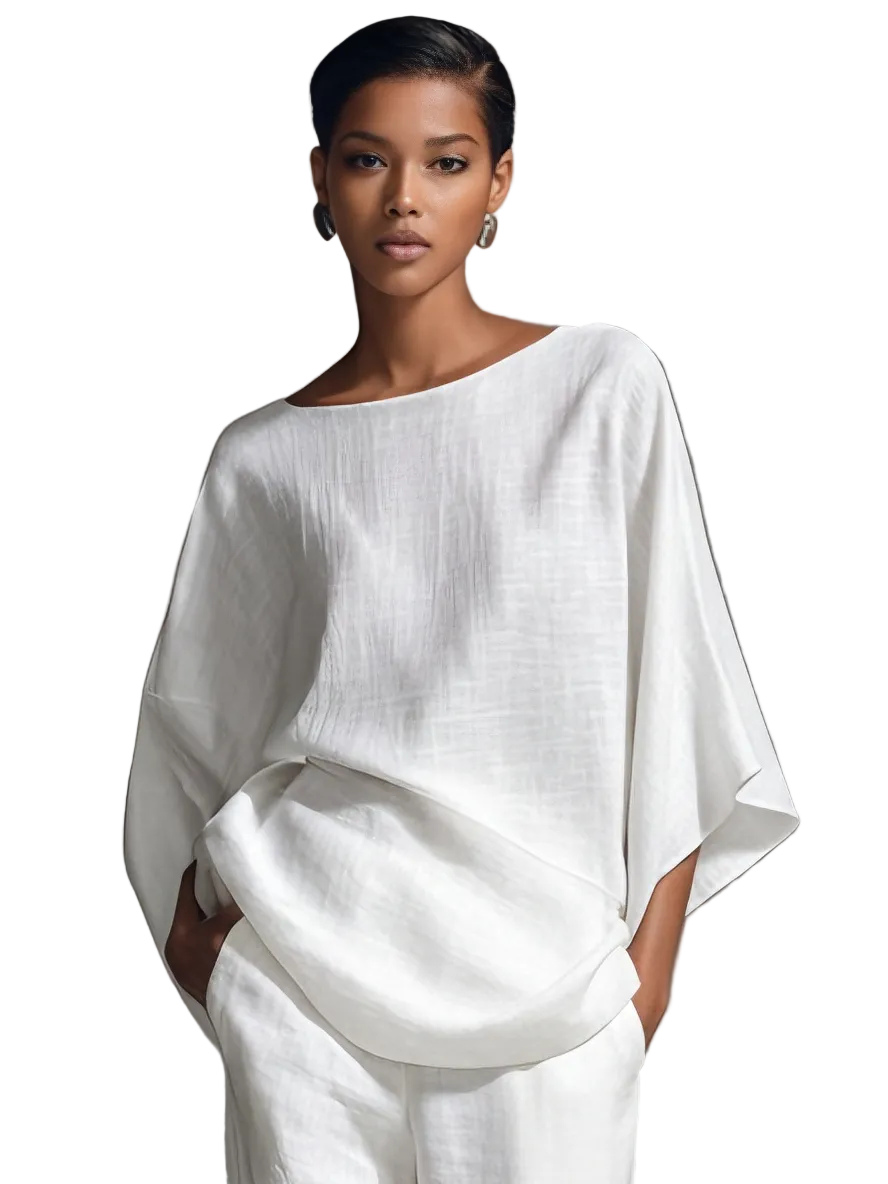 Chloe | Women's Relaxed Linen-Blend White Boat-Neck Batwing-Sleeve Oversized Top & Wide-Leg Pants Set