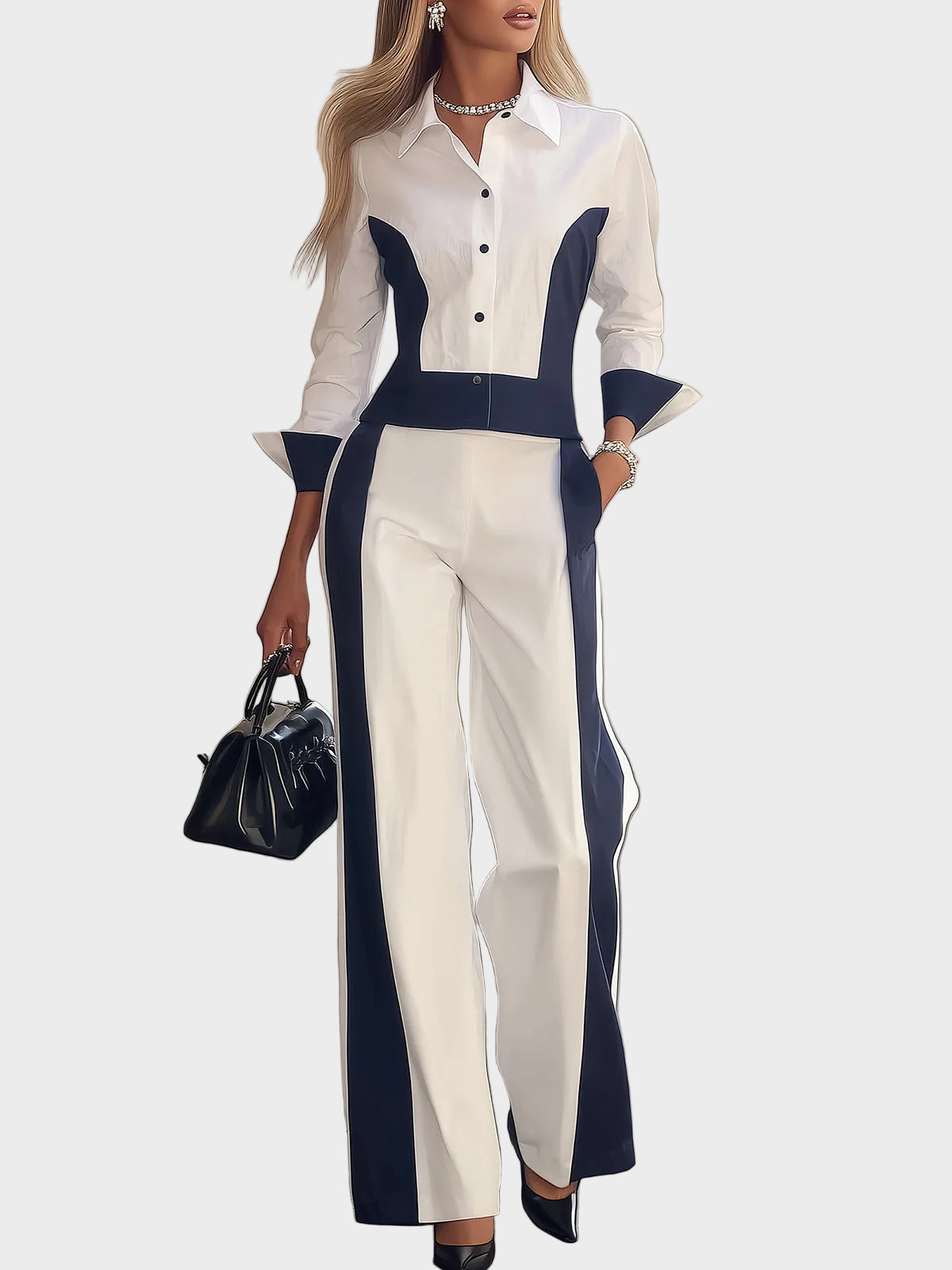 Arla | White And Navy Paneled Shirt & Wide-Leg Pants Set