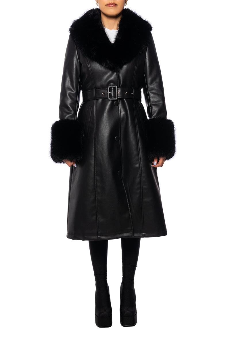 KAYA BLACK FAUX FUR LEATHER TRENCH COAT