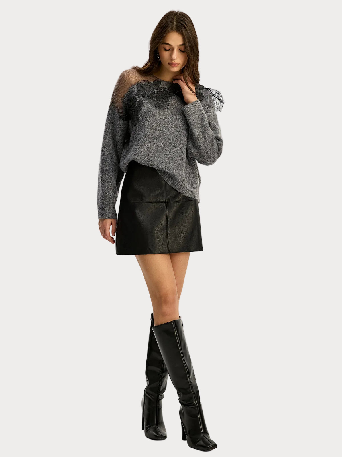 Basha | Floral lace semi-sheer sweater with a round neckline