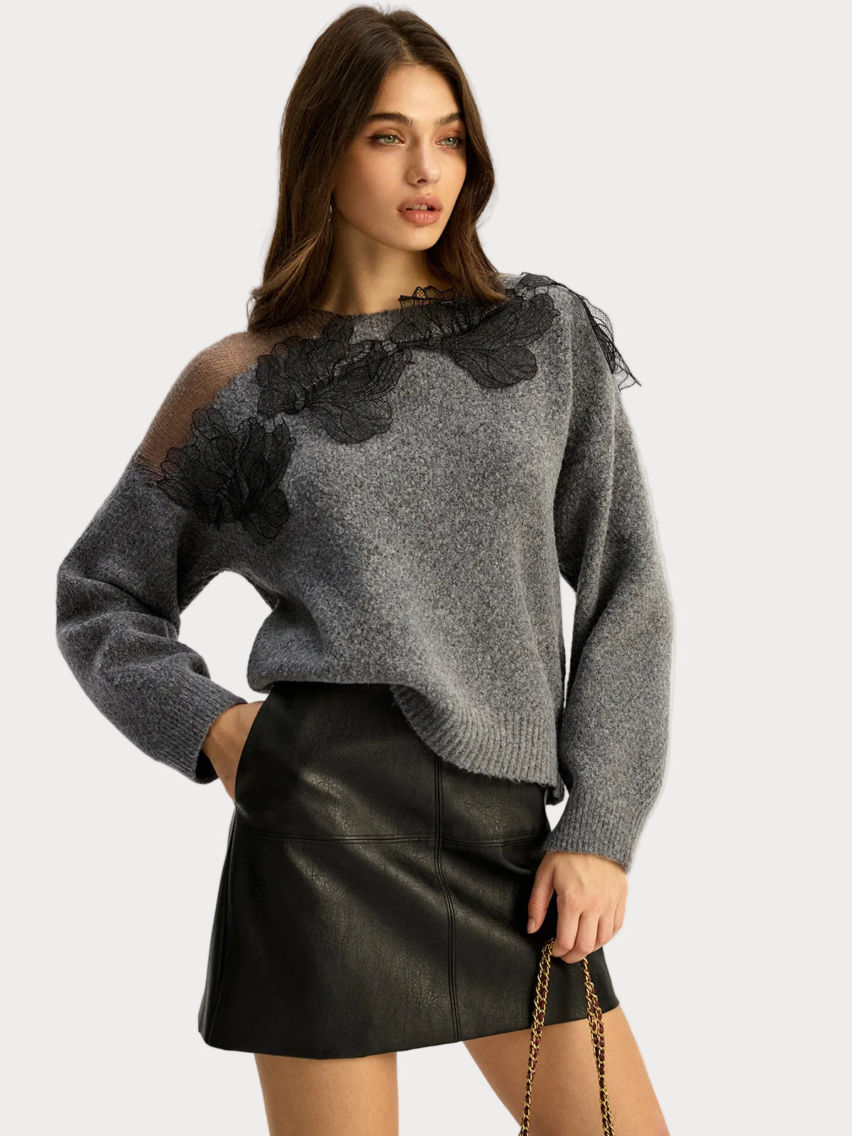 Basha | Floral lace semi-sheer sweater with a round neckline