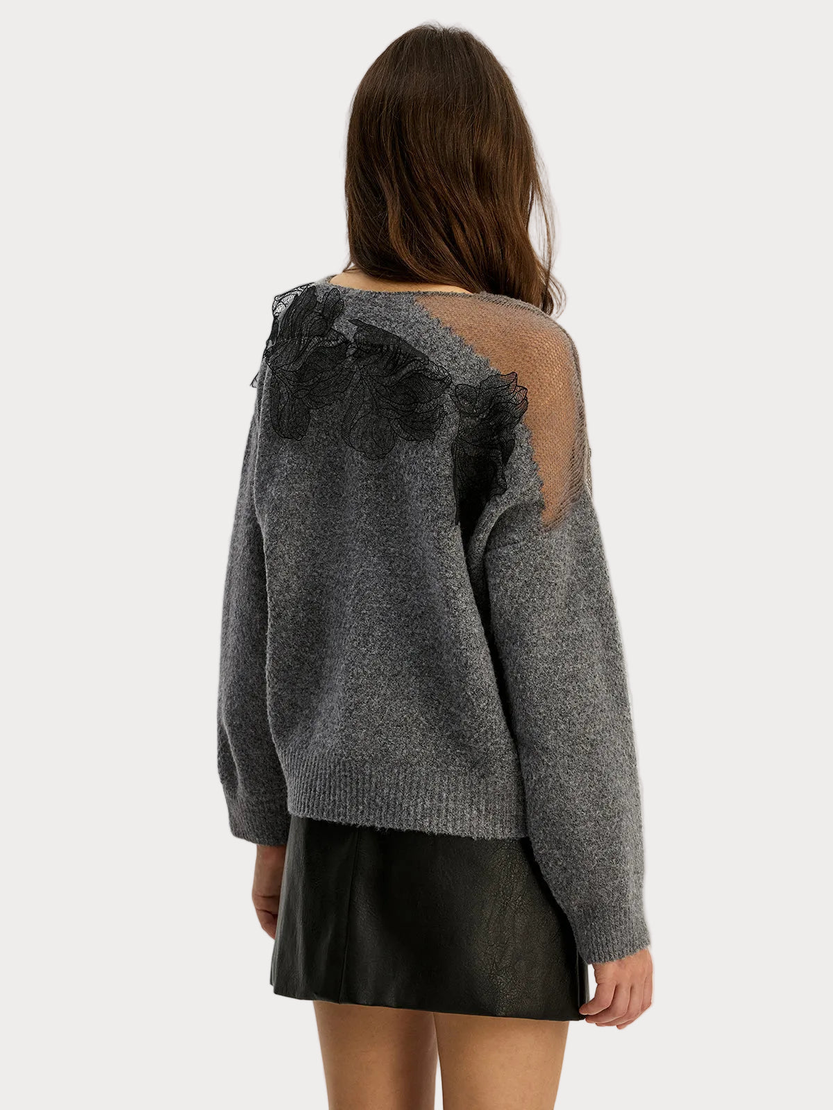 Basha | Floral lace semi-sheer sweater with a round neckline