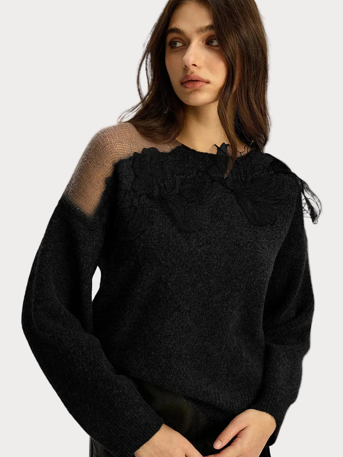 Basha | Floral lace semi-sheer sweater with a round neckline