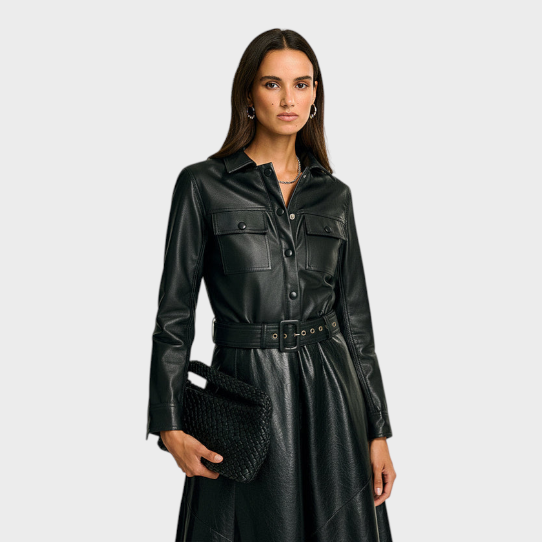 Merlinda | PU Leather Cargo Jacket Shirt with Belt