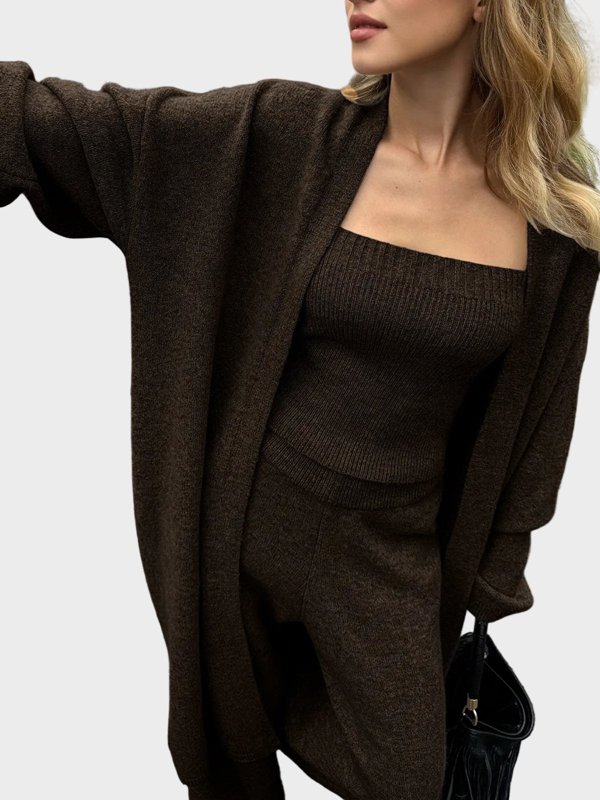 Three-Piece Knit Bustier Cardigan Pants Set