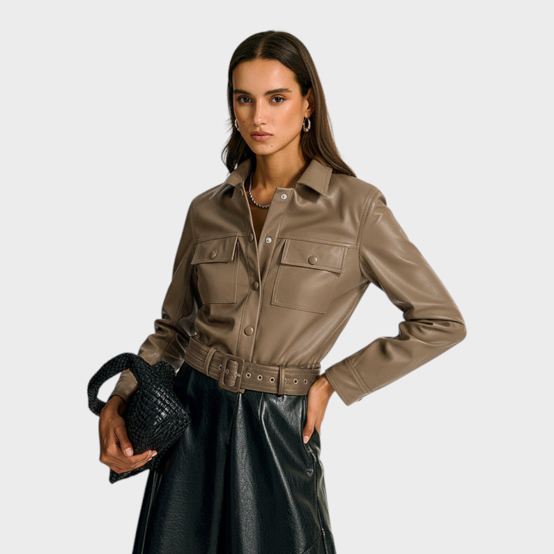 Merlinda | PU Leather Cargo Jacket Shirt with Belt