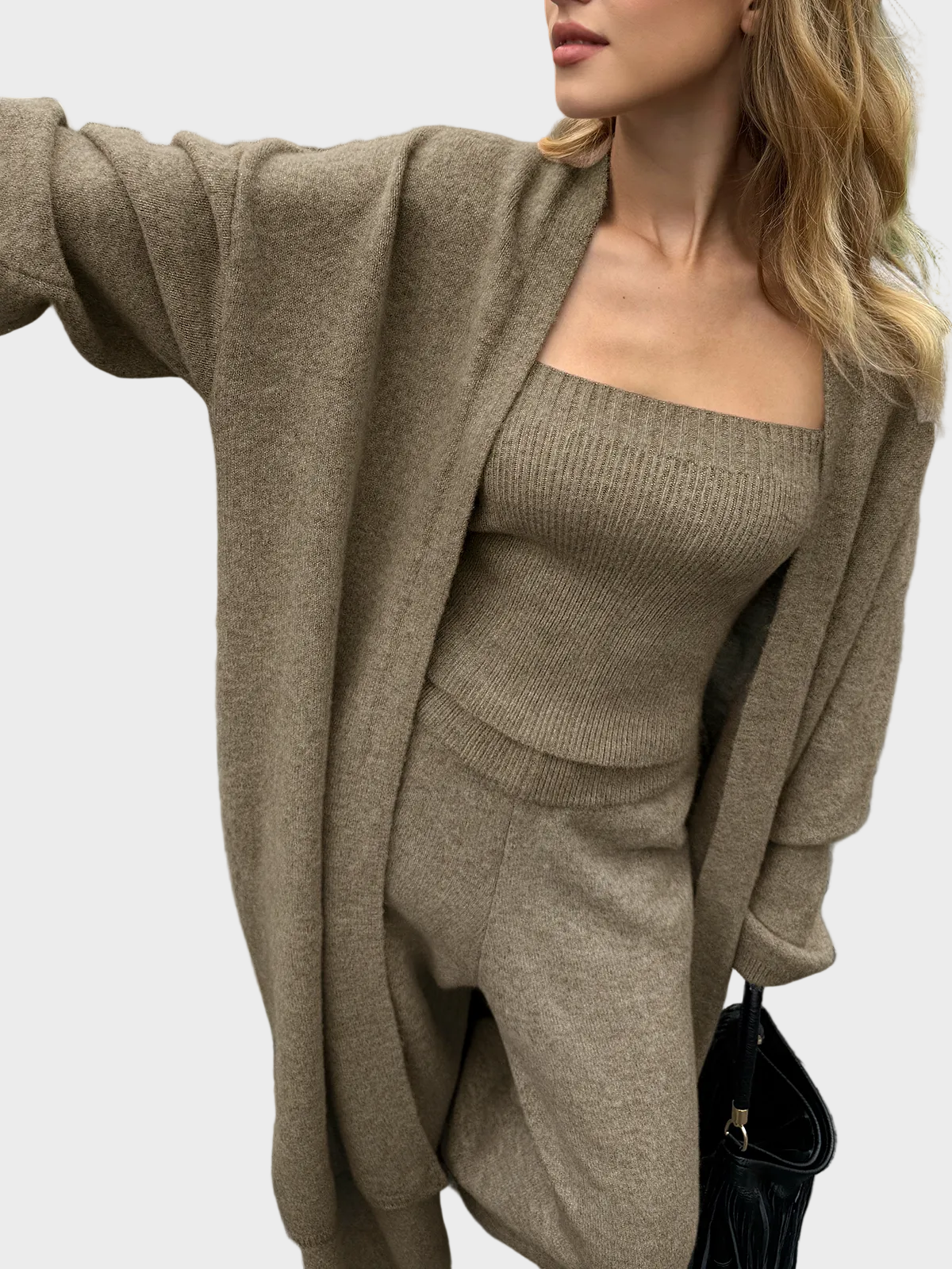 Three-Piece Knit Bustier Cardigan Pants Set