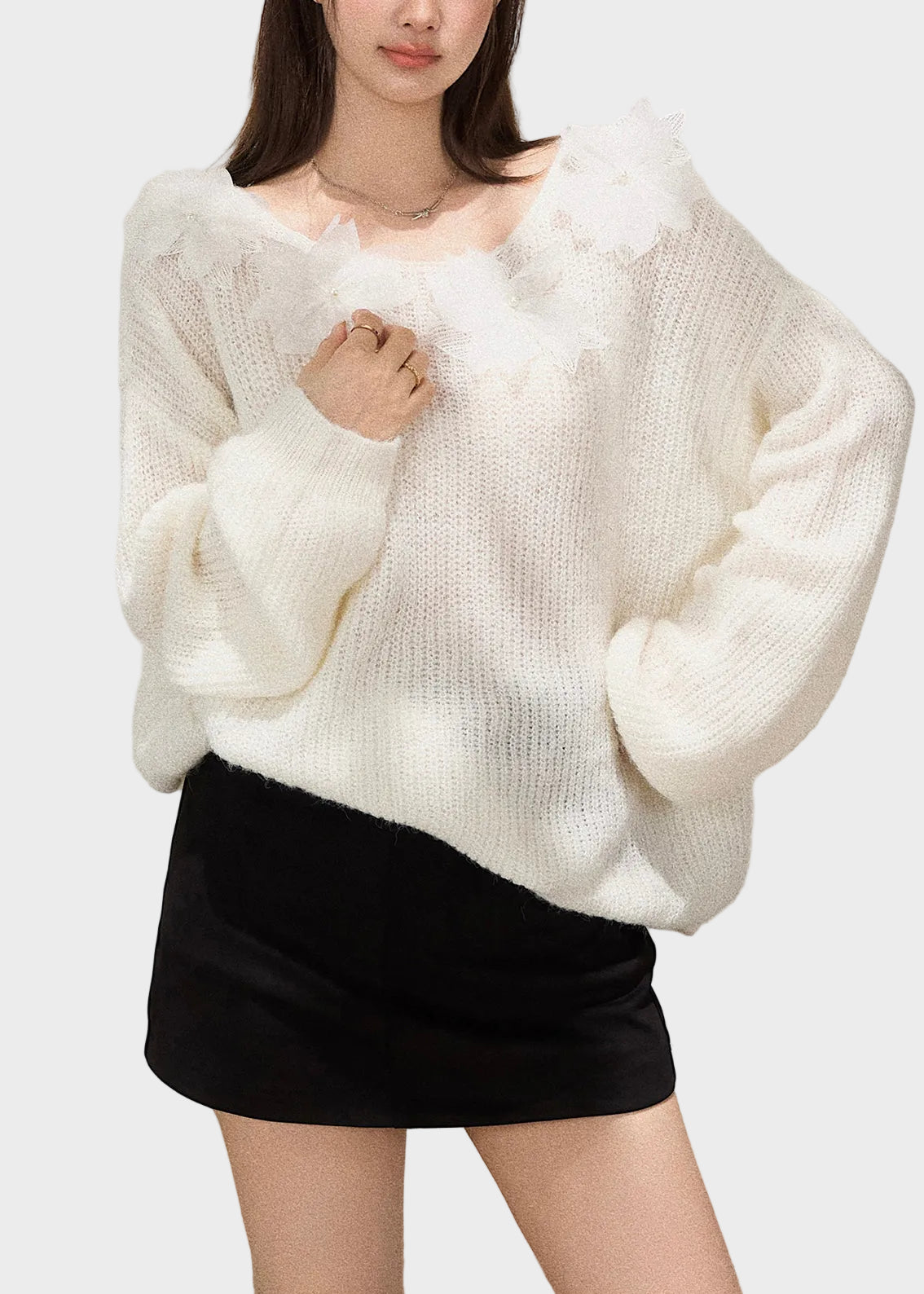 Mercedes | Boho White Oversized Floral Decorated Knit TopS Fall