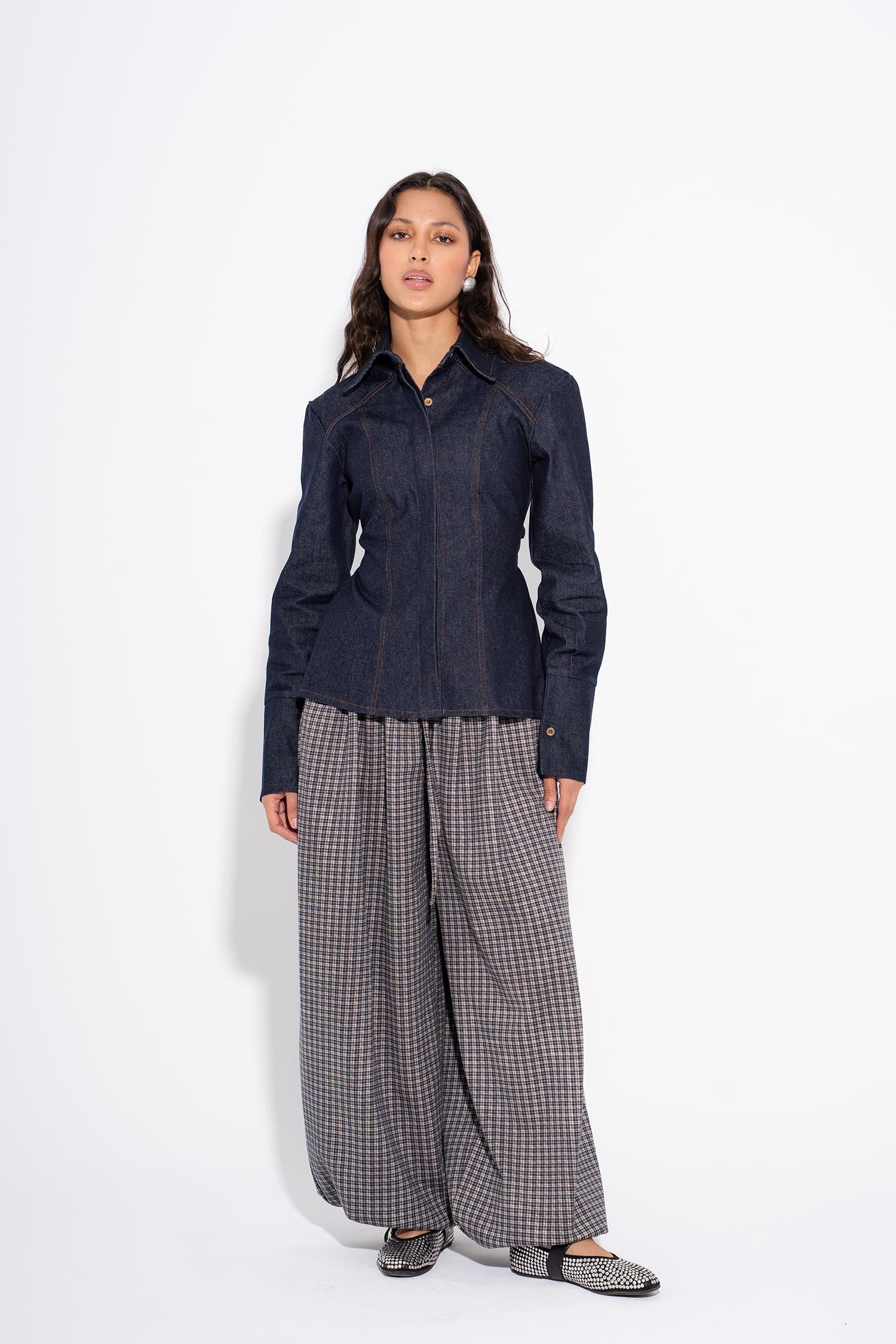 MILA -Fitted Denim Shirt - Navy