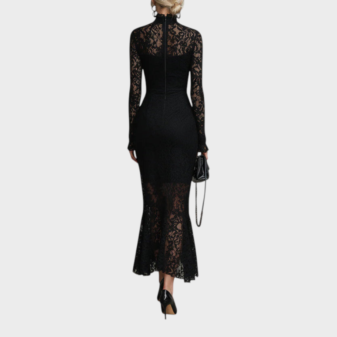Fern | Elegant Black Stretch Lace Fishtail Maxi Dress