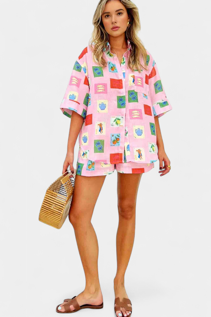 Mariluz Pink Printed Shirt and Shorts Set