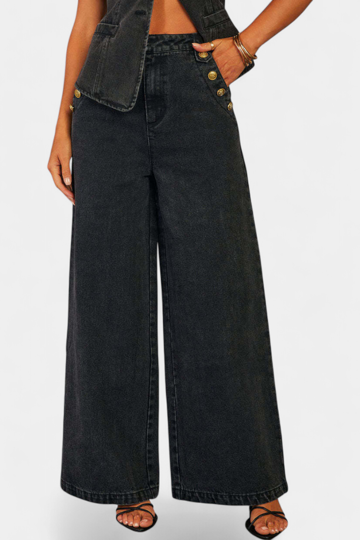Ludovica Denim Set with Fitted Vest and Wide Leg Pants