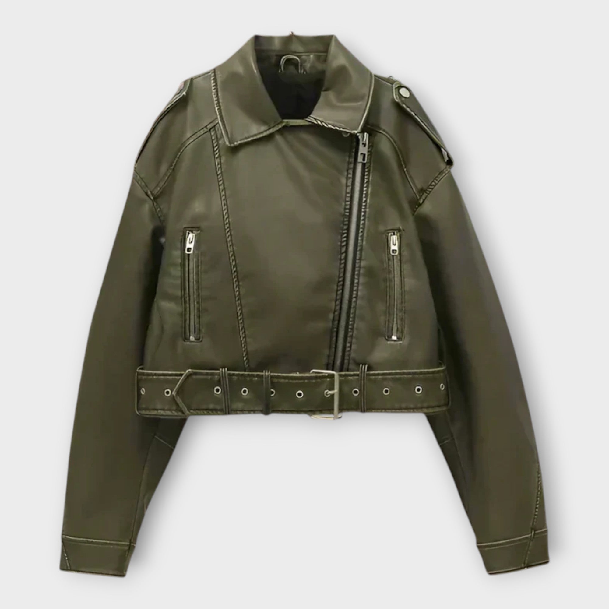 Modern Short Leather Jacket with Belt and Sophisticated Aesthetics