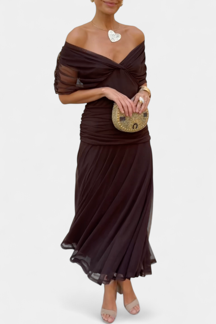 Alondra Long Dress with Floral Fancy Design and Decollete