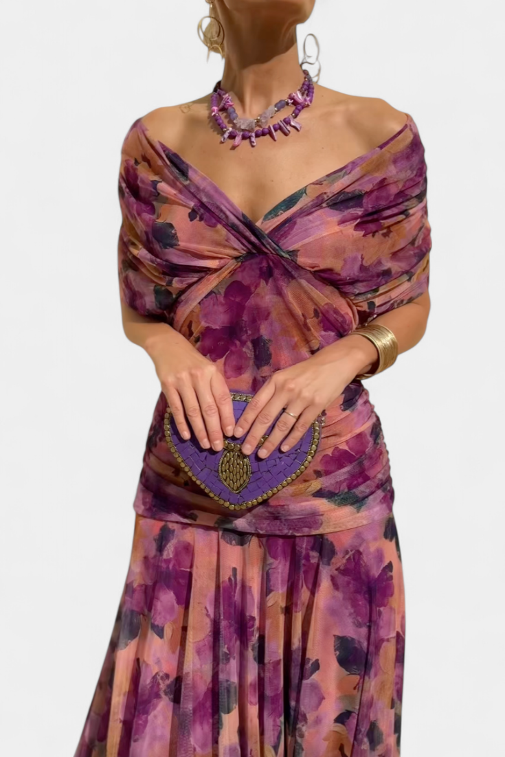 Alondra Long Dress with Floral Fancy Design and Decollete