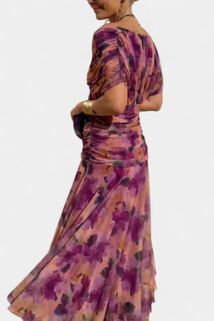 Alondra Long Dress with Floral Fancy Design and Decollete