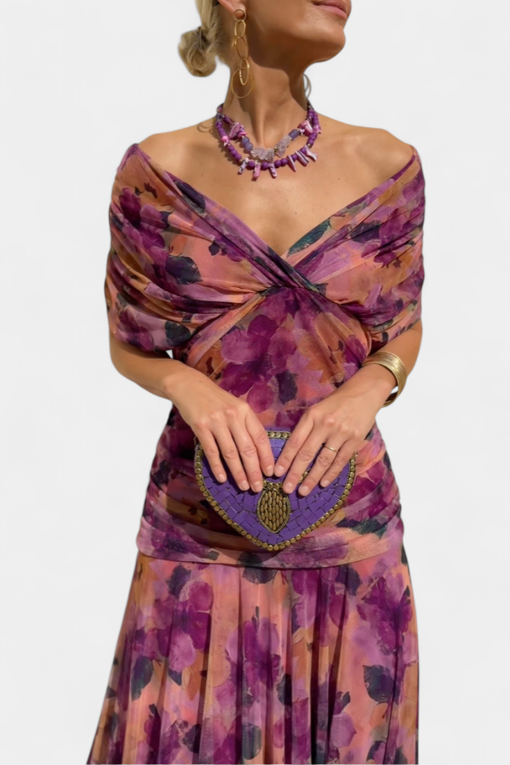 Alondra Long Dress with Floral Fancy Design and Decollete