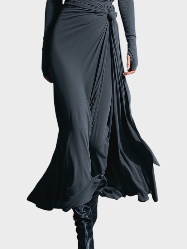 Hera | Women's Grey Stunning Stretch Blend Fabric Dress - Drawstring Maxi Dress MDA1401H9I