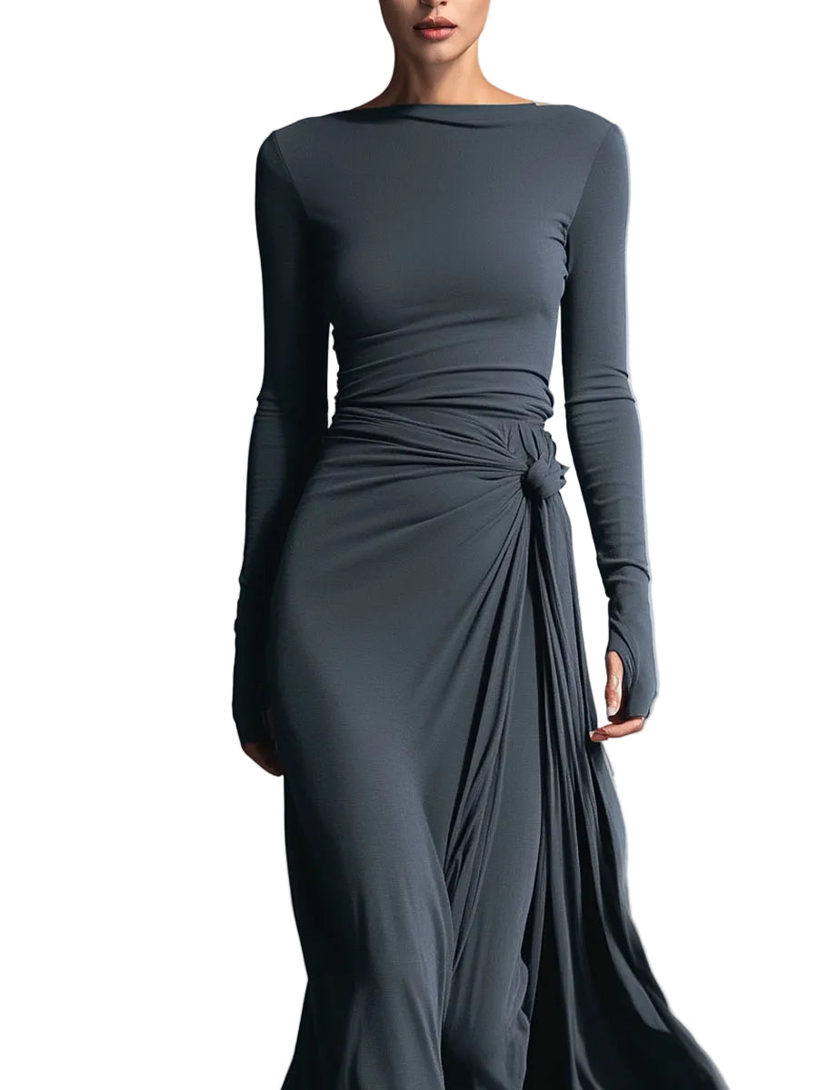 Belle | Women's Gray Exquisite Stretch Blended Fabric Wrap Dress - Knotted Maxi Dress